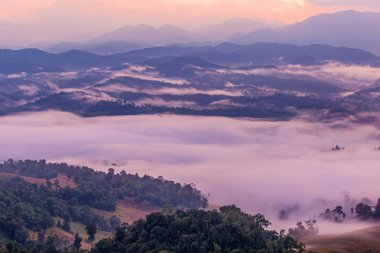 Dağlar ve sis, arka plan için yumuşak odak 
