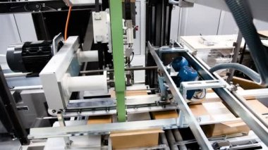 Tam otomatik paketleme makinesi karton kutular içinde. Konveyör kutularındaki ürünlerin otomatik ambalaj