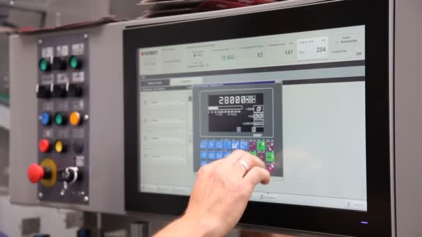 Worker Adjusts Operation Industrial Machine Touch Screen Industrial Factory — Stock Video