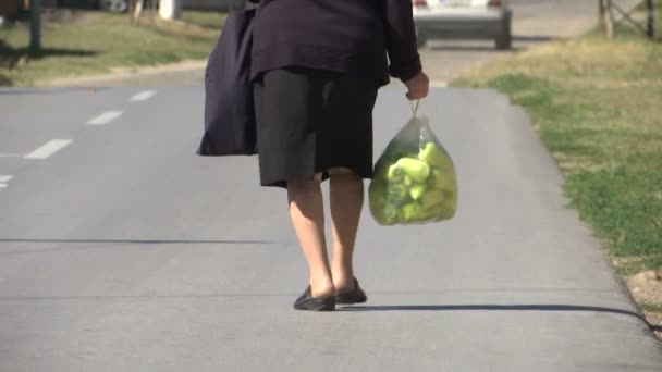 ピーマンの中にビニール袋を保持して道路に沿って歩く女性 — ストック動画
