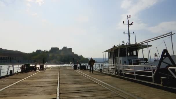 Old Empty Ferryboat Runs Danube River — Stock Video