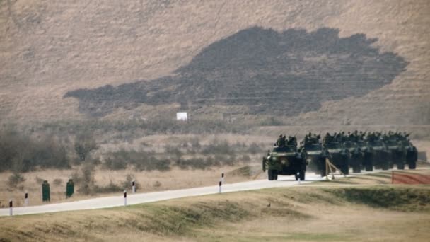 Kolonne Militärischer Kampffahrzeuge Mit Rotierendem Licht — Stockvideo