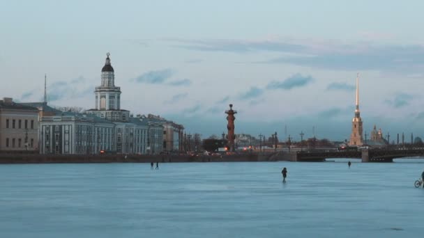 ピーターとポールの要塞と Kunstkamera 博物館とサンクトペテルブルクの冷凍ネヴァ川 — ストック動画