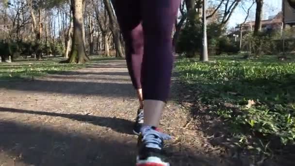 Donna Piedi Lungo Sentiero Della Foresta Scarpe Ginnastica Tracking Shot — Video Stock