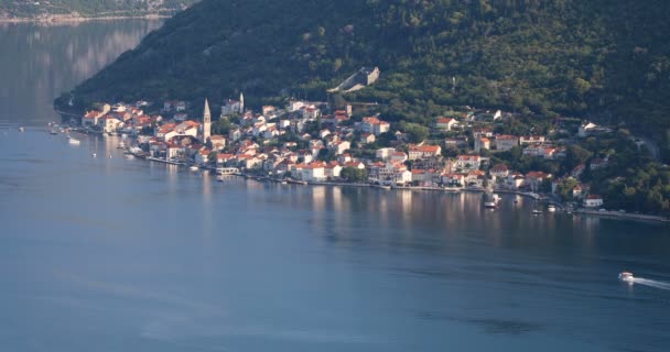 Panorama Perast Kotor Bay Summer Calm Morning High Angle View — Stock Video