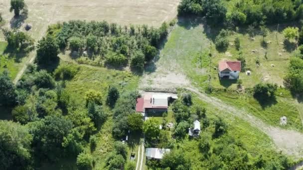 Gökyüzünde Bir Ile Uçmak Dağlardaki Bir Ormanın Yanındaki Yazlık Evde — Stok video