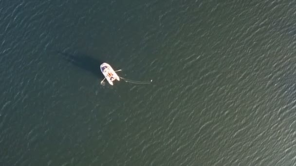 Vuelo Con Dron Sobre Barco Pesca Lago Montaña Día Soleado — Vídeos de Stock