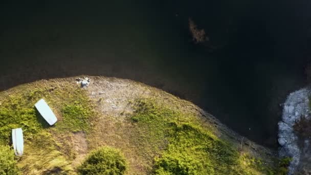 Büyük Bir Dağ Gölünün Kayalık Kıyısında Etrafında Kalın Bir Orman — Stok video