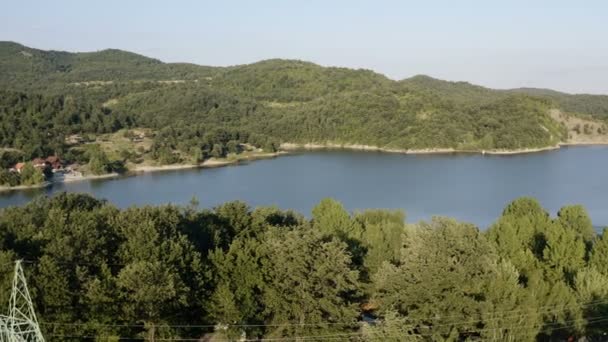 Aerial Drone Shot Large Mountain Artificial Lake Summer Sunny Day — Vídeo de stock