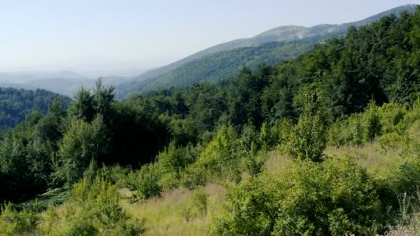 Panorama Paisagens Verdes Montanhosas Com Uma Névoa Distância Voo Drone — Vídeo de Stock