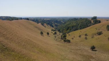Deliblato Çölü 'nün kırsal kesiminde bir drone ile uçmak. Bir kaç tepe ve etrafını çevreleyen bir orman olan büyük bir vadi.