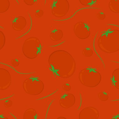Cherry tomato pattern on a red background. Flat lay