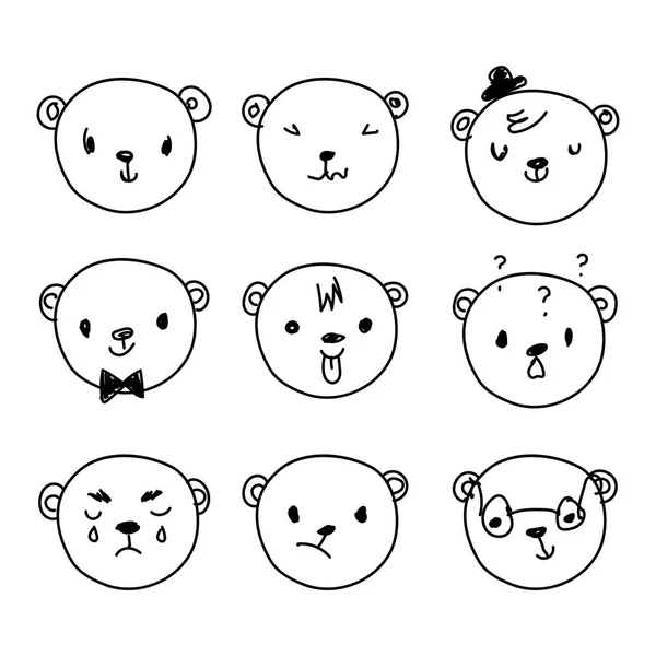 Emotikon doodles zestaw. Ręcznie rysowane bear głowy. — Wektor stockowy