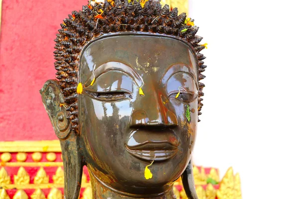 Lao Yeni Yıl sırasında kokulu su ve çiçek yaprakları ile Buda heykelleri Sulama - Pii Mai Lao - Song Kran - Nisan ayında Su Festivali