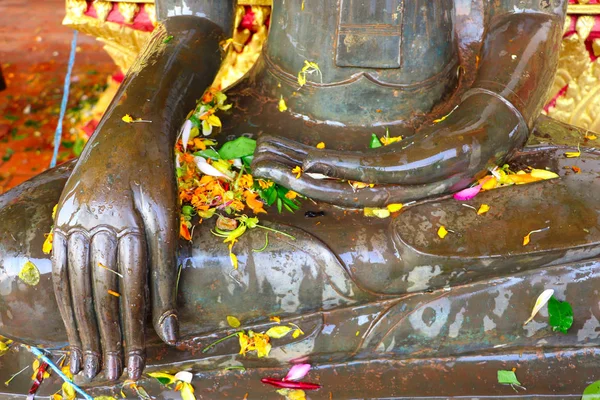 Lao Yeni Yıl sırasında kokulu su ve çiçek yaprakları ile Buda heykelleri Sulama - Pii Mai Lao - Song Kran - Nisan ayında Su Festivali