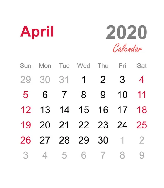 Calendario Abril 2020 Plantilla Calendario Mensual Calendario Mensual 2020 — Vector de stock