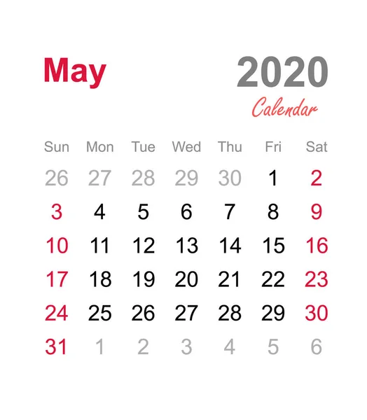 Calendario Mayo 2020 Plantilla Calendario Mensual Calendario Mensual 2020 — Vector de stock