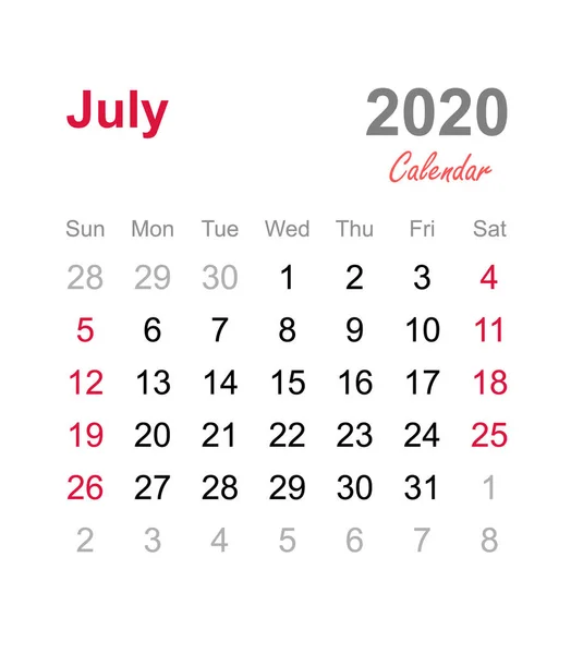 Temmuz 2020 takvimi - aylık takvim şablonu - 2020 aylık takvim