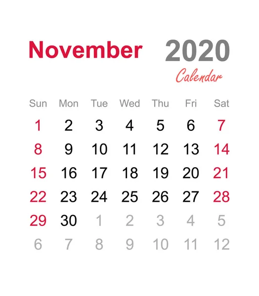 Calendario Noviembre 2020 Plantilla Calendario Mensual Calendario Mensual 2020 — Vector de stock