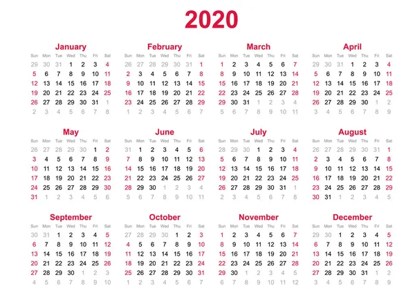 Calendário Anual 2020 Calendário Anual Meses Definido 2020 Conjunto Ano —  Vetores de Stock