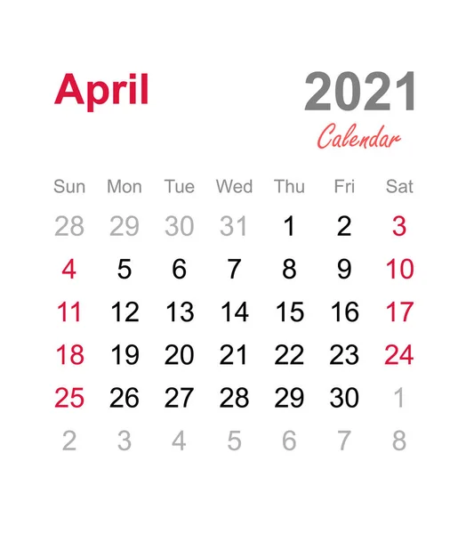 Calendario Abril 2021 Plantilla Calendario Mensual Calendario Mensual 2021 — Vector de stock