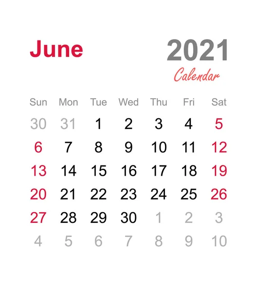 Junio 2021 Calendario Plantilla Calendario Mensual 2021 Calendario Mensual — Vector de stock