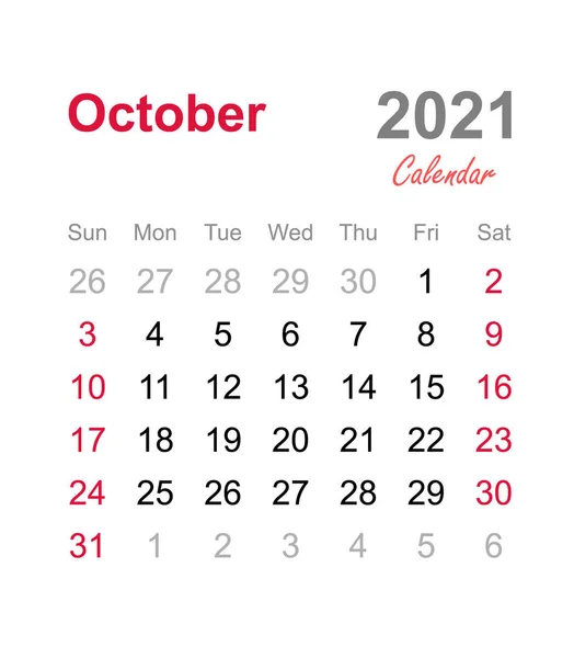 Oktober 2021 Kalender Monatskalender Vorlage 2021 Monatskalender — Stockvektor