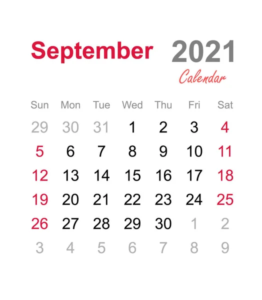 Septiembre 2021 Calendario Plantilla Calendario Mensual 2021 Calendario Mensual — Vector de stock