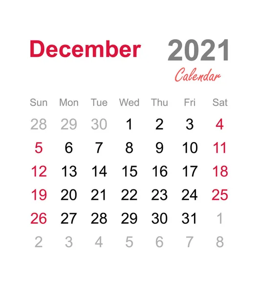 Diciembre 2021 Calendario Plantilla Calendario Mensual 2021 Calendario Mensual — Vector de stock