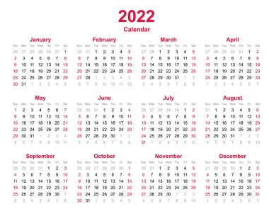 2022 yıllık takvim - 2022 yılında belirlenen 12 aylık yıllık takvim - takvim şablonu - planlayıcı takvimi