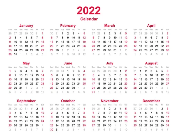 2022 Calendario Anual Meses Calendario Anual Establecido 2022 Plantilla Calendario — Vector de stock