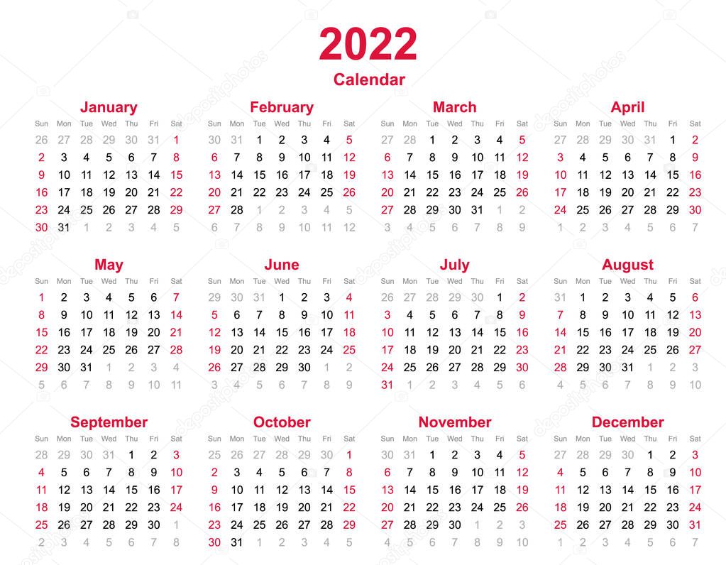 2022 yearly calendar - 12 months yearly calendar set in 2022 - calendar template - planner calendar