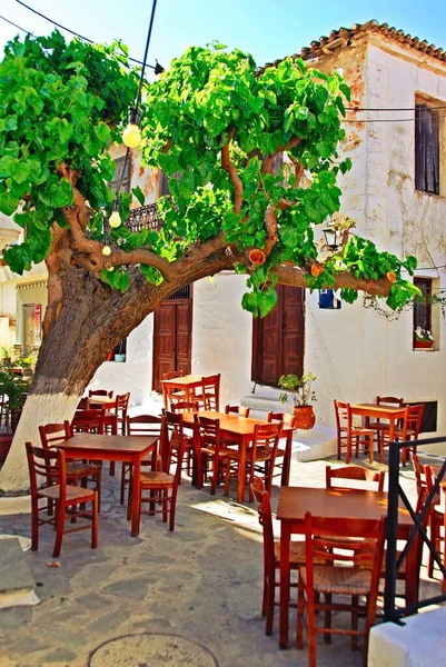 Griechenland Insel Skiathos Tische Und Stühle Vor Einer Traditionellen Taverne — Stockfoto