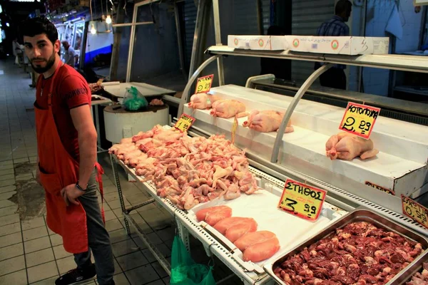 Grecia Atenas Junio 2020 Puesto Con Carne Mercado Central Atenas —  Fotos de Stock