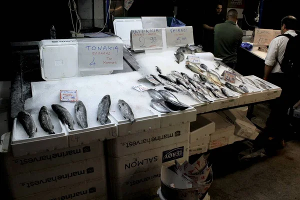 Grécia Atenas Junho 2020 Stalls Com Frutos Mar Mercado Central — Fotografia de Stock