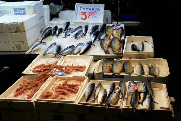 Grecia Atene Giugno 2020 Banchi Con Frutti Mare Nel Mercato — Foto Stock