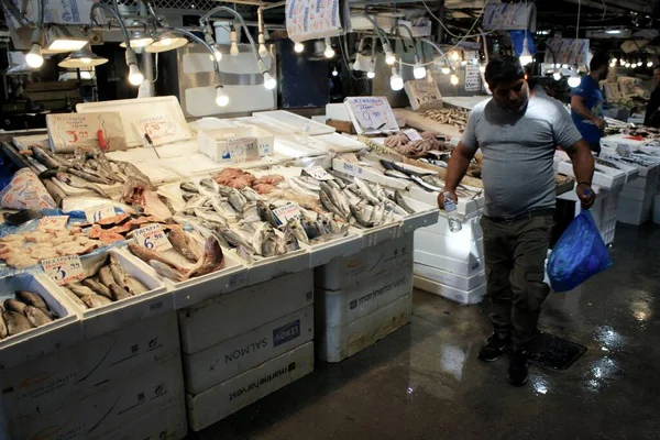 Grécia Atenas Junho 2020 Stalls Com Frutos Mar Mercado Central — Fotografia de Stock