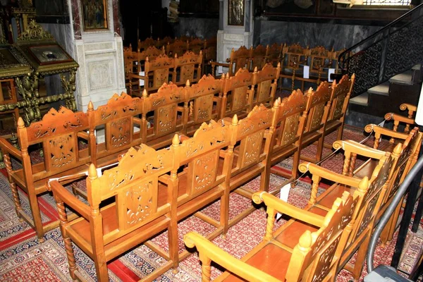 Asientos Vacíos Dentro Iglesia Ortodoxa Cristiana Atenas Grecia Mayo 2020 —  Fotos de Stock