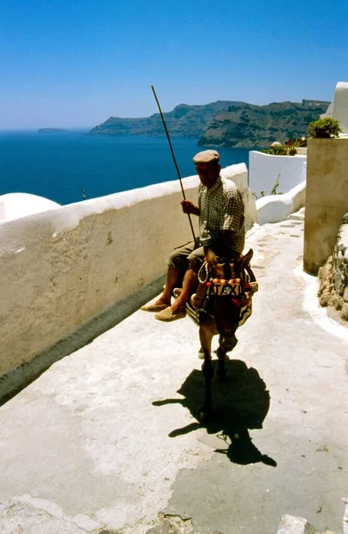Греция Остров Санторини Старик Осле Традиционной Деревне Июля 2006 — стоковое фото