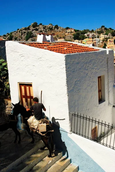 Greece Symi Island Man Donkey Symi Town Setembro 2008 — Fotografia de Stock