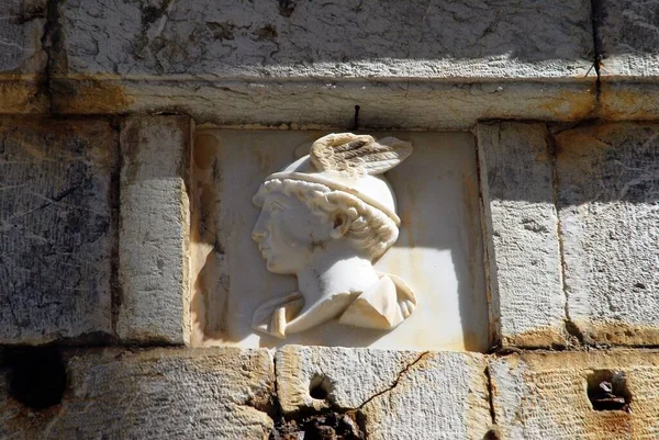 Greece Symi Island Head Greek God Hermes Carved Stone Town — Stock Photo, Image