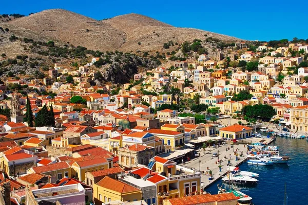 Grécia Ilha Symi Vista Para Cidade Symi — Fotografia de Stock