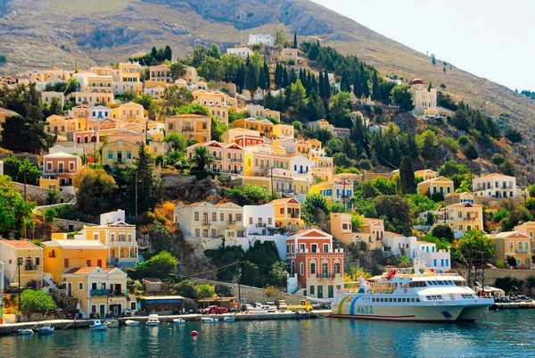 Řecko Ostrov Symi Domy Yalosu Přístav Symi — Stock fotografie