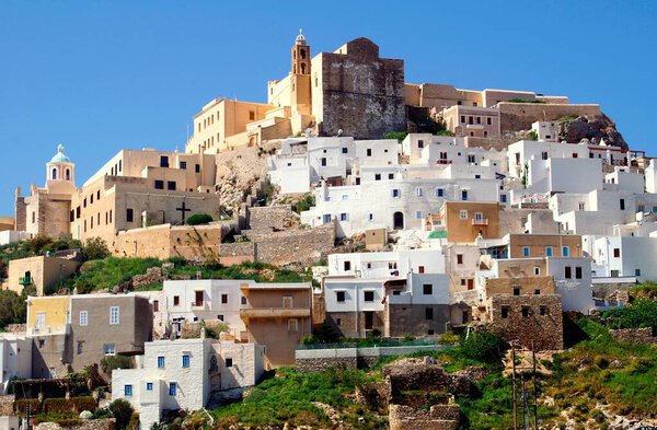 Greece, Syros island, view of Ano Syros town with the Catholic church of Agios Georgios at the top of the hill.