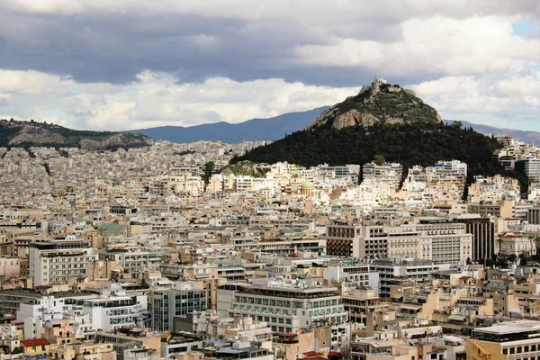 Greece, partial view of Athens city from the Acropolis hill with Lycabettus hill in the background.