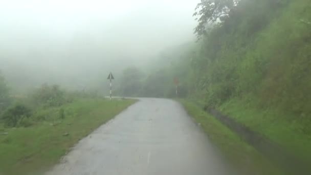 雨の中で山道を車で走る — ストック動画
