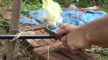 Çiftçi sebze bahçesi için su boruları kuruyor