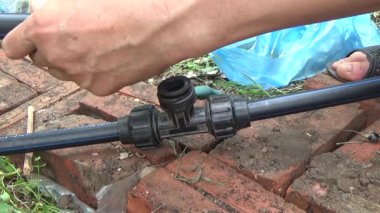 Çiftçi sebze bahçesi için su boruları kuruyor