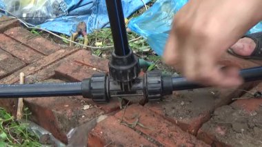 Çiftçi sebze bahçesi için su boruları kuruyor