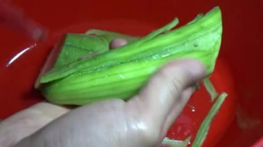 Ağaçtaki su kabağı. Şef kabağı kesmek için bir bıçak kullandı. Kızarmış sebzeleri pişirmek için.